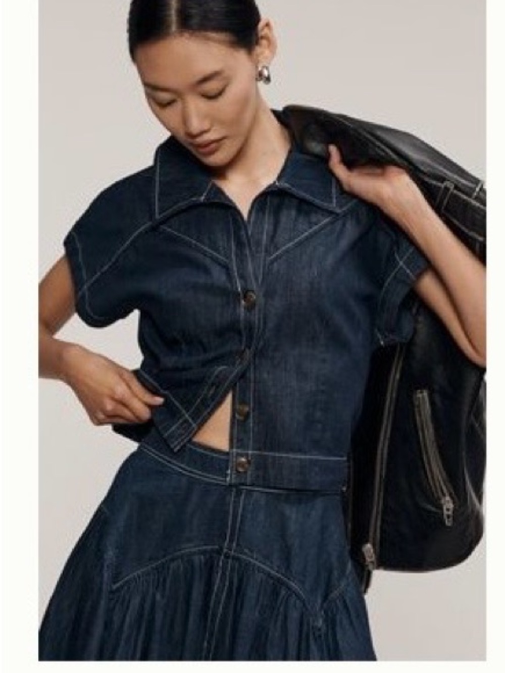 Anthropologie Dark Indigo Denim Cropped Button-Up Shirt